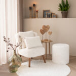 EMILIA Curl Teddy Armless Chair in white with plush curly upholstery and wooden legs.