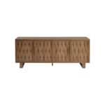 Natural oak wood sideboard with four sculpted relief doors and aged gold metal legs, offering elegant storage for living or dining spaces.