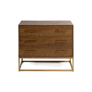 Modern oak chest of drawers with rose gold metal base and handles – PHILLIPE dresser in dark wood finish.