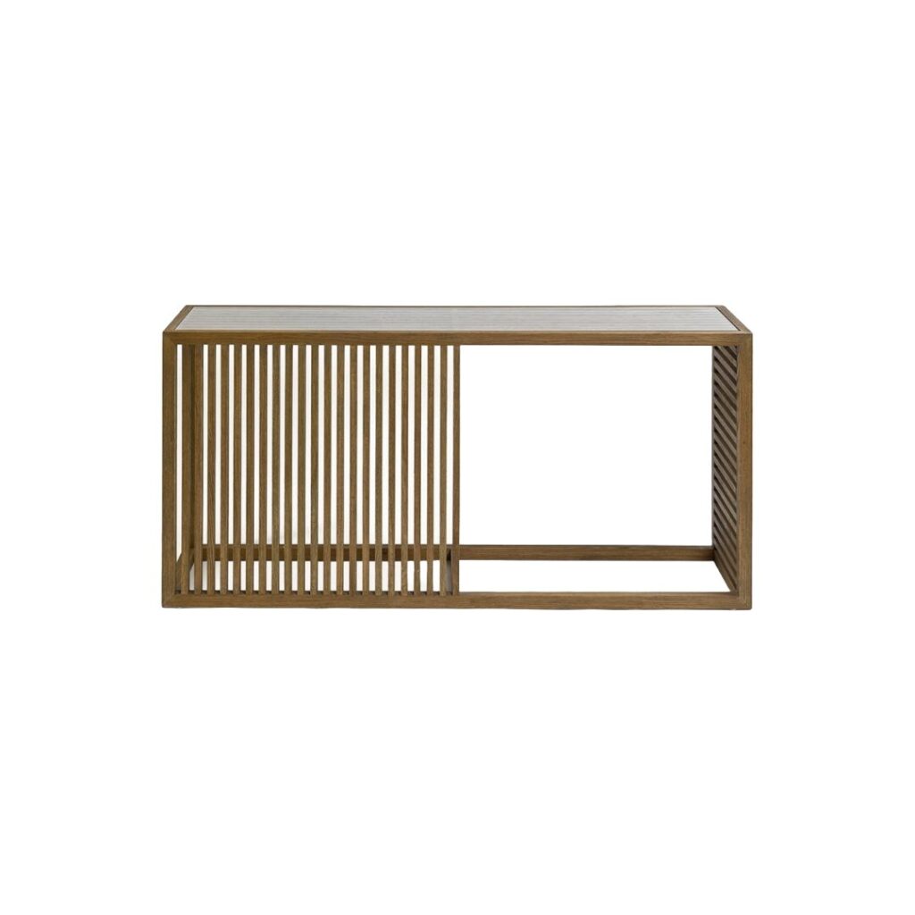 Natural oak slatted sideboard with tempered glass top, featuring a light and minimalist design ideal for modern interiors.