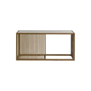 Natural oak slatted sideboard with tempered glass top, featuring a light and minimalist design ideal for modern interiors.
