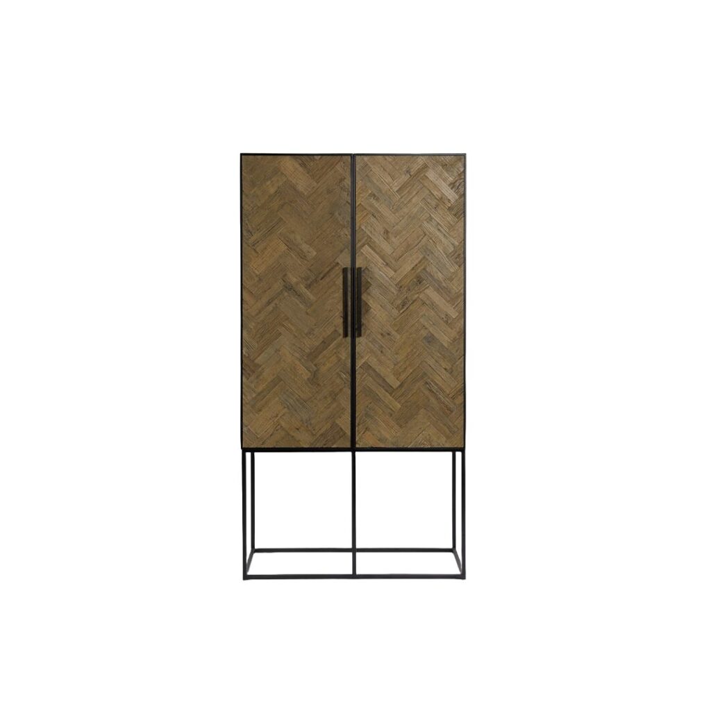 Pine wood cabinet with herringbone pattern and black metal base &ndash; Lhae