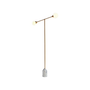 ALEXA gold metal floor lamp with two glass globes and a white marble base.