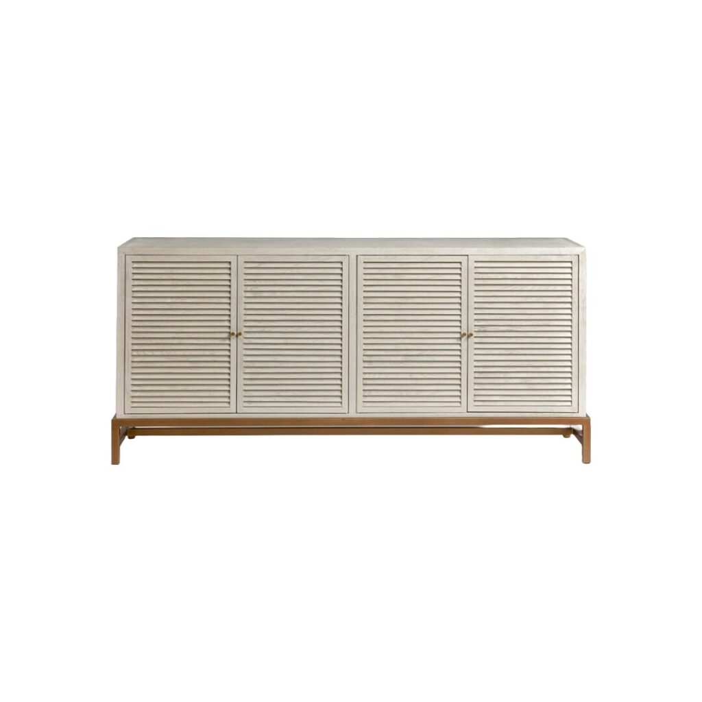 Greyish white oak sideboard with shutter doors, glass side panels, and antique gold metal legs &ndash; stylish living room or dining room storage unit.