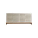 Greyish white oak sideboard with shutter doors, glass side panels, and antique gold metal legs – stylish living room or dining room storage unit.