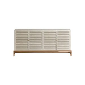Greyish white oak sideboard with shutter doors, glass side panels, and antique gold metal legs – stylish living room or dining room storage unit.