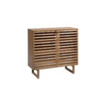 Natural wood small sideboard with slatted palillería doors and glass panels, standing on modern wooden legs.
