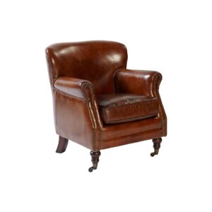 GAVORE Brown Leather Armchair with aged leather and compact design, perfect for corners, reading, or use as a shoe-changing seat.