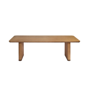 BALI rectangular oak dining table with natural rattan-wrapped legs – light wood finish.