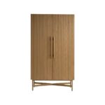 Tall oak cabinet with slatted wooden doors, gold metal base and handles, modern storage solution in natural finish.