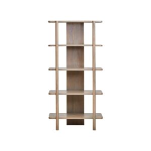 VALMONT Mango Wood Shelf Unit – Grey 5-shelf mango wood unit with ridge-textured back, ideal for decor and storage.