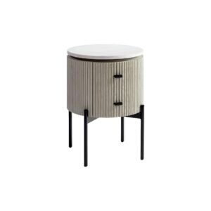 Round greyish-white oak side table with white stone top, black metal legs, and a storage drawer—modern and minimal bedside table design.