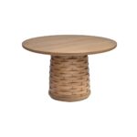 Round oak dining table with sculptural weaved pedestal base, made from natural oak wood with a distinctive design ideal for stylish dining rooms.