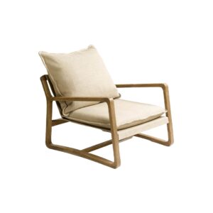 Natural oak and linen armchair with two cushioned seats and a minimalist frame, ideal for living rooms or lounge areas with a rustic-modern vibe.