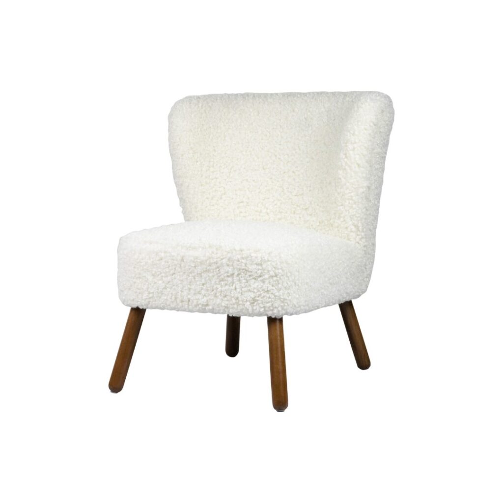 EMILIA Curl Teddy Armless Chair in white with plush curly upholstery and wooden legs.