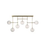 Elegant chandelier with antique gold frame and seven glass globes, perfect for modern dining rooms or statement ceilings.