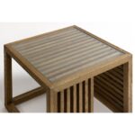 Natural oak side table with tempered glass top and slatted wood sides, designed for light-filled modern living spaces.