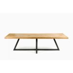 DIAGO oak dining table with textured oak top and black central metal base.