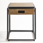 LORENTI Oakwood Bedside Table featuring a natural oak box and sleek black metal base—ideal for modern or vintage-style compact bedrooms.