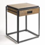 LORENTI Oakwood Bedside Table featuring a natural oak box and sleek black metal base—ideal for modern or vintage-style compact bedrooms.