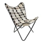 ILLUSION Butterfly Cowhide Chair – Geometric brick-style black and grey cowhide chair with a metal frame.