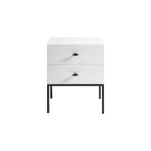 ROMA White Bedside Table with white oak finish and black metal legs—modern nightstand with minimalist style and practical storage.