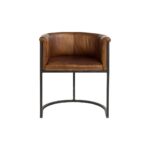 Brown leather armchair with black metal legs, featuring a vintage-modern design perfect for dining or lounge settings.