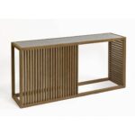 Natural oak slatted sideboard with tempered glass top, featuring a light and minimalist design ideal for modern interiors.