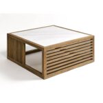 Oak coffee table with white marble top and tempered glass details, featuring slatted wood sides and modern open design.