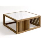 Oak coffee table with white marble top and tempered glass details, featuring slatted wood sides and modern open design.