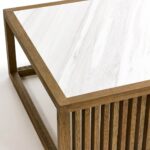 Oak coffee table with white marble top and tempered glass details, featuring slatted wood sides and modern open design.
