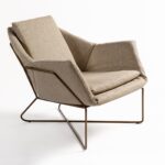 BUSCAR Natural Linen Armchair featuring padded back and arms, gold-colored metal frame, and a modern urban-chic design for elegant interiors.