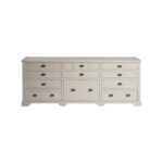 Large wooden sideboard with 11 drawers in a white oak finish and dark metal handles, ideal for living or dining rooms.