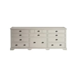 Large wooden sideboard with 11 drawers in a white oak finish and dark metal handles, ideal for living or dining rooms.
