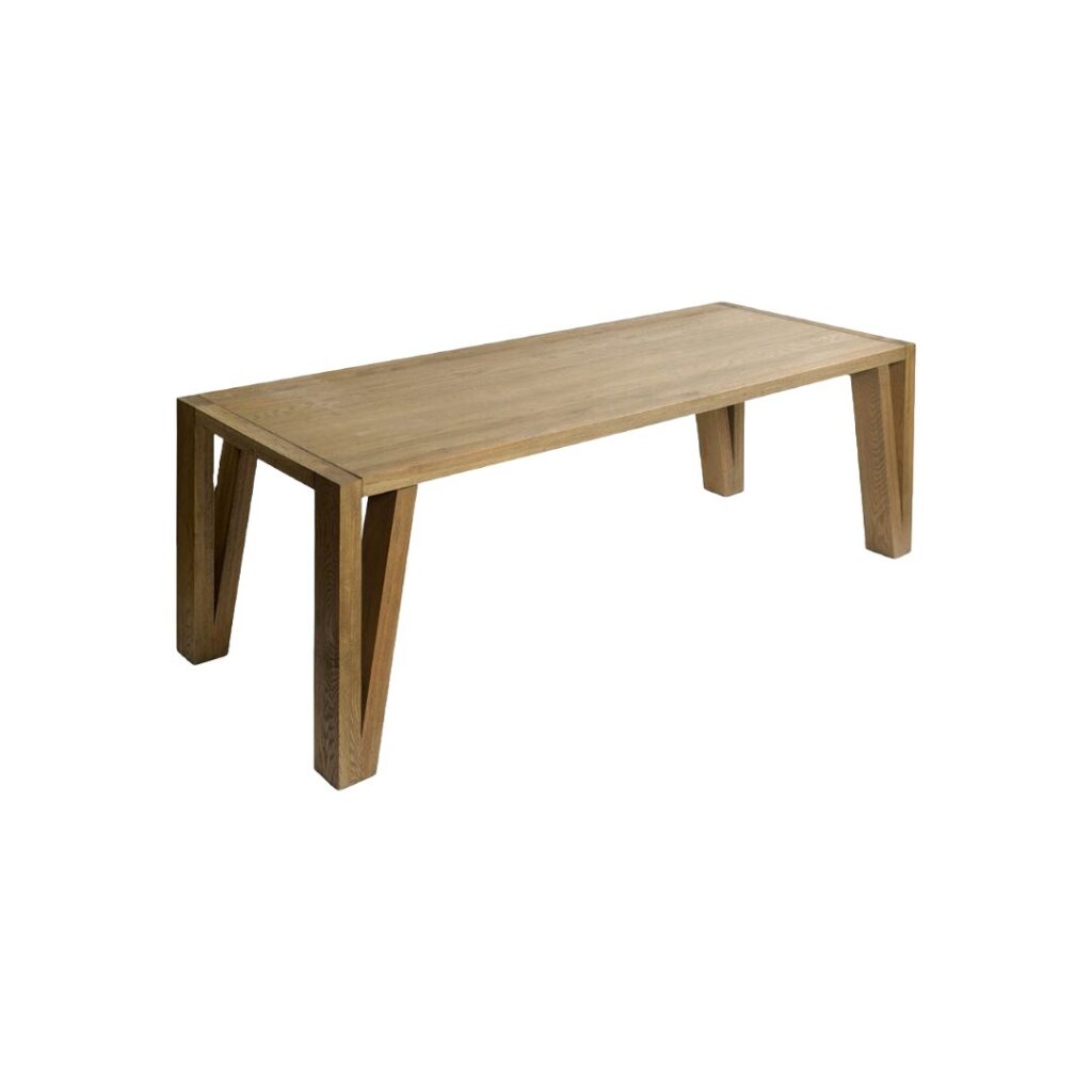MIA Oak Table &ndash; Rectangular natural oak table with open triangular leg design, perfect for dining or workspaces.