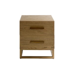 MONICA oak bedside table with two drawers and aged gold metal base and handles.