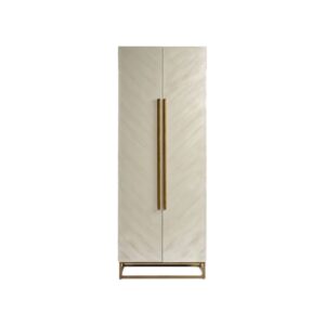 Minimalist greyish white oak wardrobe with oblique door detailing and aged gold metal legs – modern storage cabinet with rail and shelving.