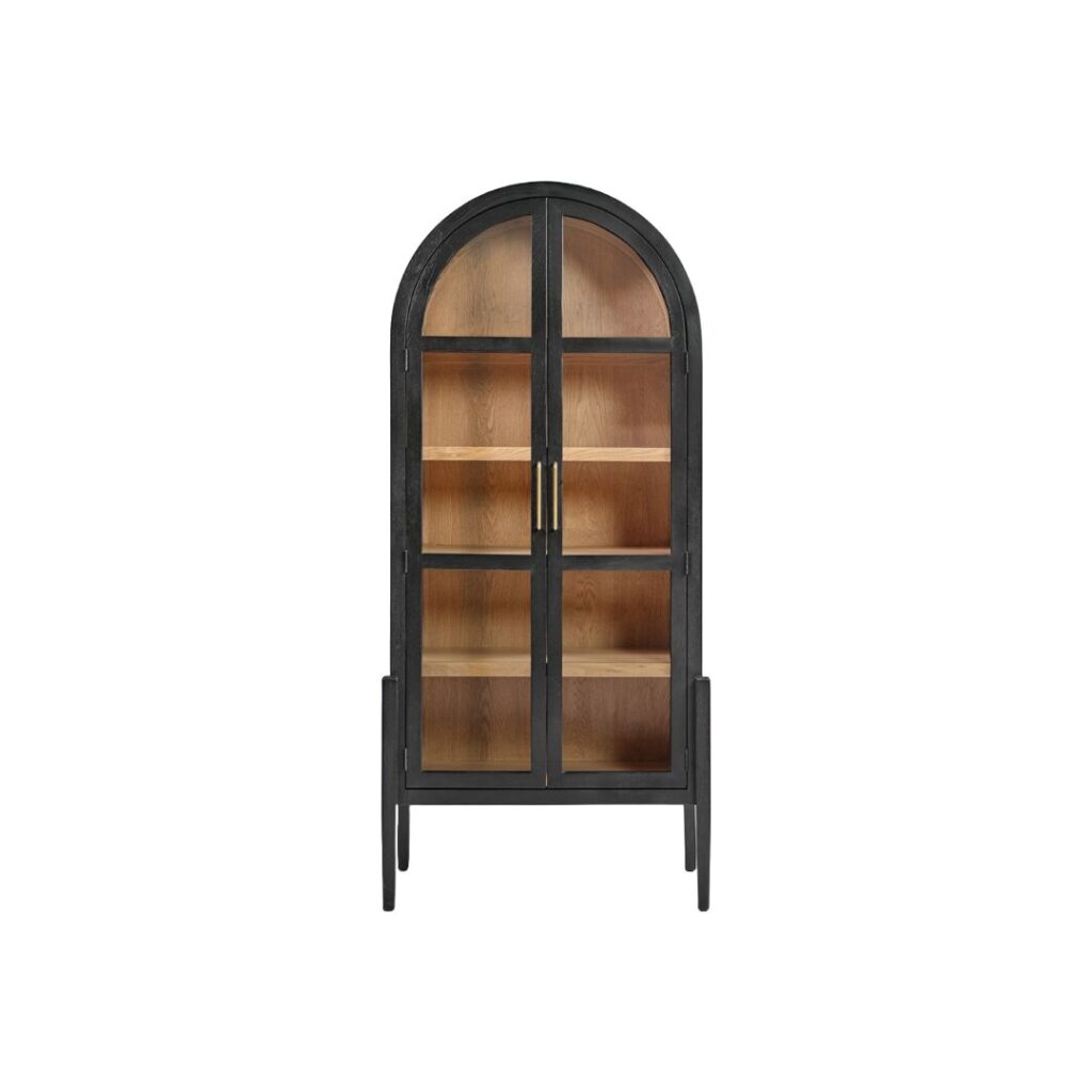 ROMINA Dark Oak Display Cabinet featuring a rounded top, glass doors, and natural oak interior shelving&mdash;perfect for modern and elegant storage solutions.