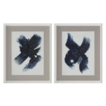 Set of 2 abstract blue stain framed canvas art in white frame with glass.