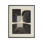Abstract turquoise canvas wall art with black frame and glass front.