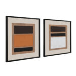 Set of two abstract framed canvas artworks in orange, beige, and brown with black frames.