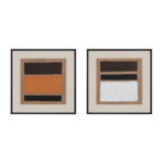 Set of two abstract framed canvas artworks in orange, beige, and brown with black frames.