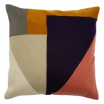 Abstract embroidered cushion in multi-colour geometric pattern, square shape with cotton and acrylic fabric blend.