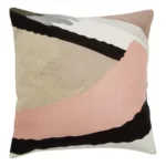 Square cushion with embroidered abstract motifs in pink tones, crafted from cotton, acrylic, and polyester blend.