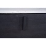 Black-brown oak oval chest of drawers with white stone top and three drawers with metal handles.