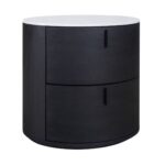 Elegant black oak bedside table with an oval design, stone top, and two drawers, combining natural warmth with contemporary style.