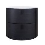 Elegant black oak bedside table with an oval design, stone top, and two drawers, combining natural warmth with contemporary style.