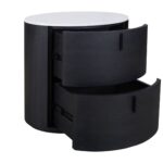Elegant black oak bedside table with an oval design, stone top, and two drawers, combining natural warmth with contemporary style.