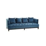 Three-seat navy Chesterfield-style fabric sofa with button tufting and gold-accented wooden legs.