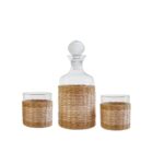 3-piece glass and decanter set with rattan wrap – stylish drinkware for bar or home use.